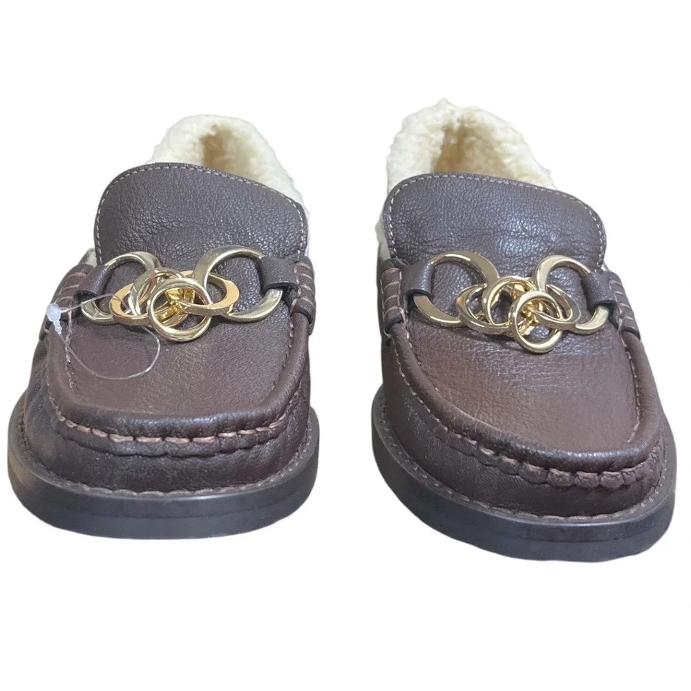 Odissi Brown Leather Faux Fur Lined Loafer Gold Hardware Made Spain Size 10 NWOB